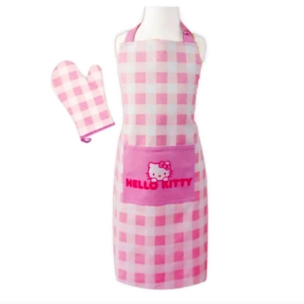 NWT Hello Kitty Youth Size Ages 5-9 Apron and Oven Mitt Set Pink & White Gingham